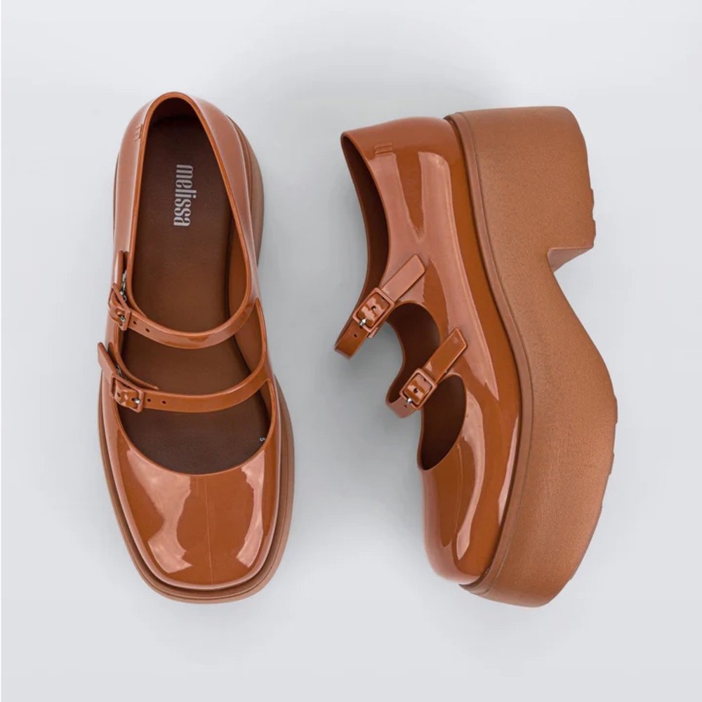 Melissa Platform Mary Jane Shoes in Tan Brown with Black Straps - Picture 5 of 13